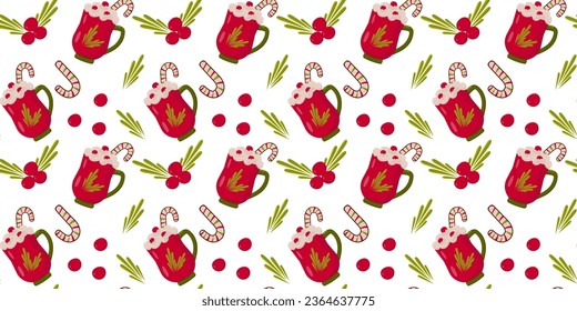 Seamless pattern of red mug with sweets. Wintertime hot beverage. Design for fabric, wrapping paper, menu.