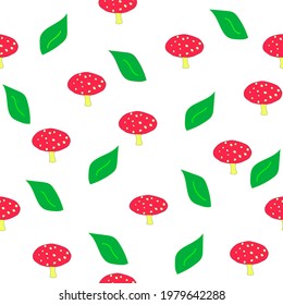 Seamless pattern red mushrooms and abstract green leaves on white background. Funny kids print with fungus and leaf, retro style. Amanita muscaria fungi texture, vector design eps 10