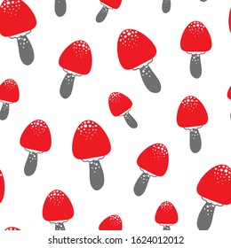 Seamless pattern with red mushrooms silhouettes. Black ornament. Halloween wallpaper isolated on white. Vector illustration. Autumn natural clip art. death cup mushroom illustration. funguses. toadsto