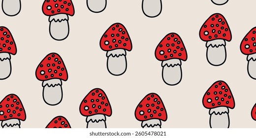 Seamless pattern of red mushrooms with white spots