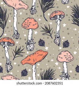 Seamless pattern with red mushrooms and winter forest, can be used for christmas decoration, vector illustration
