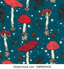 Seamless pattern with red mushrooms and winter forest, can be used for christmas decoration, vector illustration