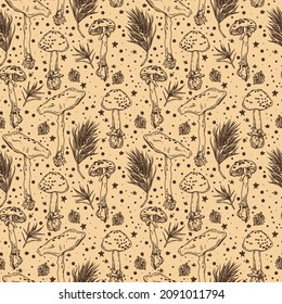 Seamless pattern with red mushrooms and winter forest, can be used for christmas decoration, vector illustration