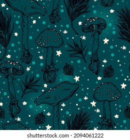 Seamless pattern with red mushrooms and winter forest, can be used for christmas decoration, dark night palette, vector illustration