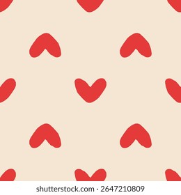 seamless pattern with red naive hearts on beige background in hand drawn childish style concept of romantic textile, wrapping and valentines design