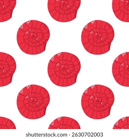 Seamless Pattern of Red Nautilus Shells on a White Background. Repetitive pattern featuring stylized red nautilus shells on a clean white backdrop. Decorative and vibrant design suitable for artistic
