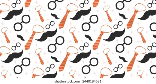 Seamless pattern with red neckties and black mustache, glasses for the holiday Father's Day.

