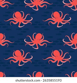Padrão contínuo com polvo vermelho sobre fundo azul. Para têxteis com temática oceânica, papéis de parede e embalagens, cartões postais ou capas.