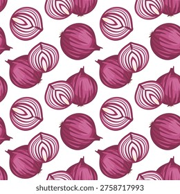 Seamless pattern with red onion, decorative vegetable background, food themed vector illustration
