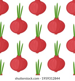 Seamless pattern red onion with green onion, cutaway onion top view isolated on background, flat lay for culinary blog.