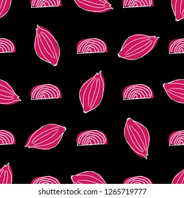 Seamless pattern with red onion in hand drawn style on dark background. Vector illustration