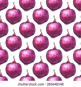 Seamless pattern with red onion. Hand-drawn background. Vector illustration. Real watercolor drawing.