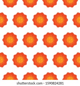 Seamless pattern of red and orange 3d flowers cut paper. Paper cut style. Floral trendy creative wallpaper. Stylish nature spring or summer backdrop. Graphic design. 3D elements. Vector illustration