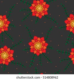 Seamless pattern with red and orange abstract flower on the grey background. Can be used for printing on fabric, for wrapping paper and for the background of the site.