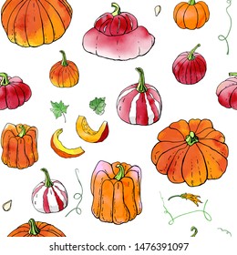 Seamless pattern from red and orange autumn pumpkin doodles on white backdrop. Fall harvest. Vector stock set. Cute icons with watercolor texture. Can be used for printed materials. Hand drawn. 