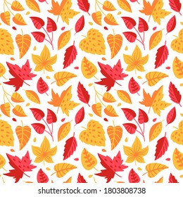 Patrón sin foco con hojas de otoño rojas y naranjas. Diseño único para papel de regalo, dibujos de relleno, páginas web de fondo, tarjetas de felicitación de otoño.