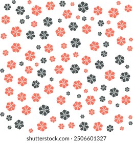 Seamless pattern of red, orange and black flowers on a white background.