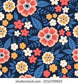 Nahtloses Muster mit roter und orangefarbener Blütenblüte Garten auf dunkelblauem Hintergrund. Nettes handgezeichnetes Blumenmuster für Ihren Stoff, Sommerhintergrund, Tapete, Textil.