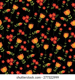 Seamless pattern of red and orange flowers on a black background