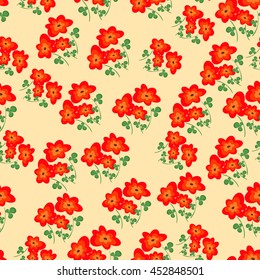 seamless pattern of red orange flowers and green leaves on a beige background