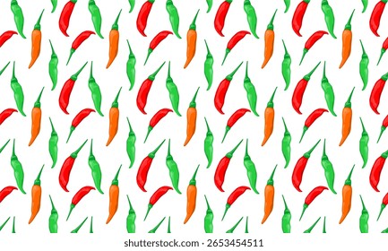 Seamless Pattern of Red Orange Green Chili Peppers Vector Symmetrical Background for Spicy Food Wallpaper Backdrop on White EPS File