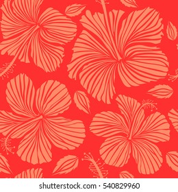 Seamless pattern of red and orange hibiscus floral background. Vector sketch of many red and orange flowers. Hand drawn seamless flower illustration.