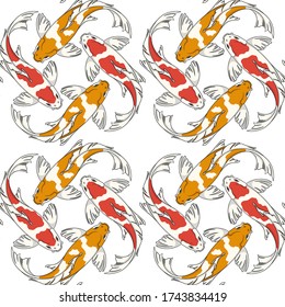 Seamless pattern with red and orange koi fish carps. Colored vector background.