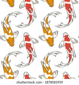 Seamless pattern with red and orange koi fish carps. Colored vector background.