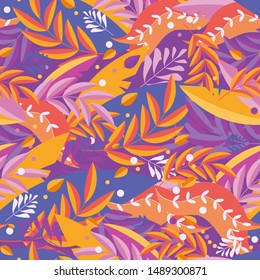 Seamless pattern of red and orange leaves, flowers and grass. Bright autumn background in vector. Textile, fabric, wrapping paper, web sites, design any surface. Naive, simple style.