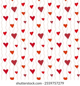 Seamless pattern of red orange pink hearts with pink waves and white background. Valentine's Day
