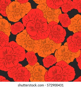 Seamless pattern with red and orange poppies in dark background.  Floral seamless background for dress, manufacturing, wallpapers, prints, gift wrap and scrapbook. 
