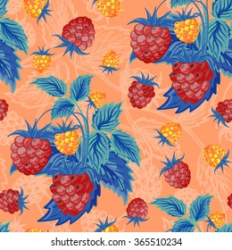 Seamless pattern with red and orange raspberries with blue leaves on pastel orange background. Hand painting. Colorful pattern for fabric, paper and other printing and web projects.