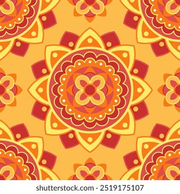 Seamless pattern. Red and orange symmetrical ethnic mandala on yellow background. Oriental pattern. Indian or Arabic mandala. Diwali festival. Fabric, wrapping paper.