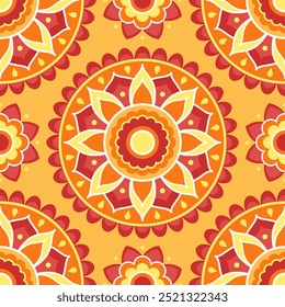 Seamless pattern. Red and orange symmetrical ethnic mandala on yellow background. Oriental pattern. Indian or Arabic mandala. Diwali festival. Fabric, wrapping paper.