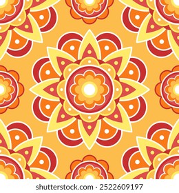 Seamless pattern. Red and orange symmetrical ethnic mandala on yellow background. Oriental pattern. Indian or Arabic mandala. Diwali festival. Fabric, wrapping paper.