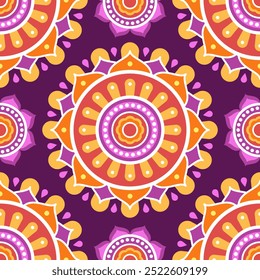 Seamless pattern. Red and orange symmetrical ethnic mandala on dark purple background. Oriental pattern, vector illustration. Indian or Arabic mandala. Diwali festival. Fabric, wrapping paper.