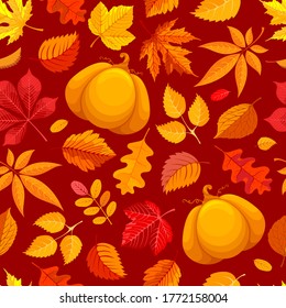 Patrón sin foco en tonos rojos y naranjas con hojas de otoño y calabaza. Fondo de caída con hojas de arce, roble y otras plantas. Ilustración vectorial.
