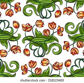 Seamless pattern with red and orange tulips and green leaves on the white background. Wallpaper or textile design.