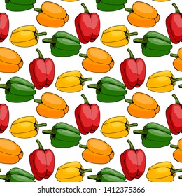 Seamless pattern with red, orange, yellow and green peppers on white background. Endless background of vegetables for your design. Vector image. 