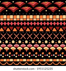 Patrón sin brillo con elementos rojos, anaranjados y amarillos sobre fondo negro. Imprimir para tela con ornamento regular. 