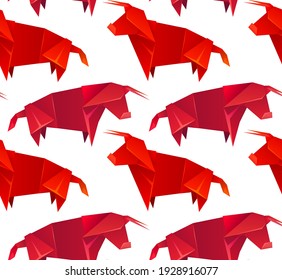 Seamless pattern of red origami bulls made of paper on white background. The symbol of the Eastern New Year. Polygonal figure of strong animal. Vector texture for wallpaper, fabric and your design.