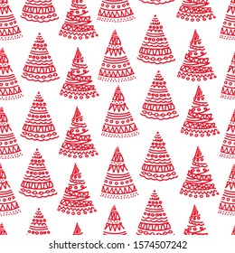 Seamless pattern with red ornamental hand drawn Christmas trees on white background, for gift wrap and other surface design projects