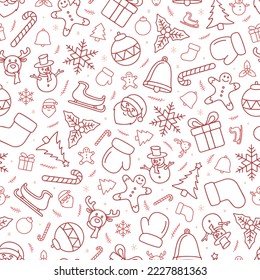 Seamless pattern of red outline Christmas doodle on transparent background