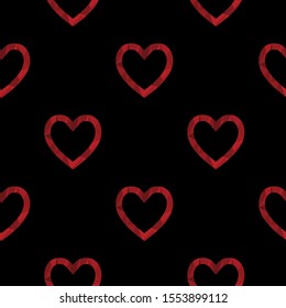 Seamless pattern with red outline polygonal hearts on the black background. Stylish romantic ornament for cards, banners, invitations, scrapbook, wrapping paper, packets. Vector illustration
