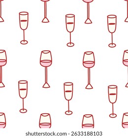 Seamless pattern with red outline of wine and champagne glasses on white. Minimalistic romantic design in coquette aesthetic, perfect for party decor, wrapping paper, fabric and stationery. Vector art