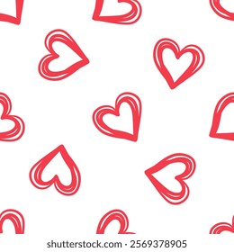 Seamless pattern with red outlined hearts on white background in flat doodle style