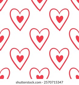 Seamless pattern with red outlined hearts and filled center in doodle style