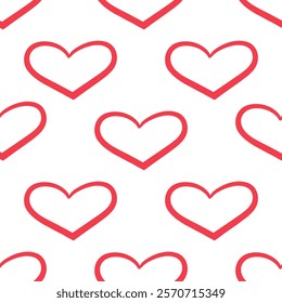 Seamless pattern with red outlined hearts on white background in doodle style