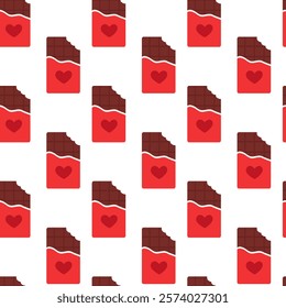 Seamless Pattern. Red packaging bitten chocolate bars with heart. Sweet Valentine day. Vector flat illustration.