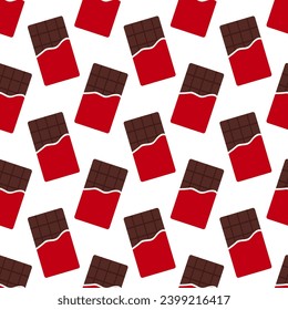 Seamless pattern with red packaging chocolate bars. Cartoon style. Vector flat background.